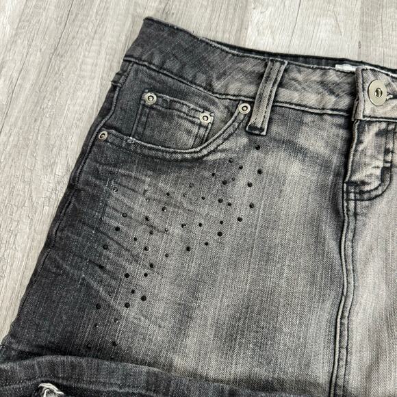 00s Mirco Mini Black Denim Jean Skirt Pocket Design Studded Cyber Y2K Size 5 - Picture 4 of 7